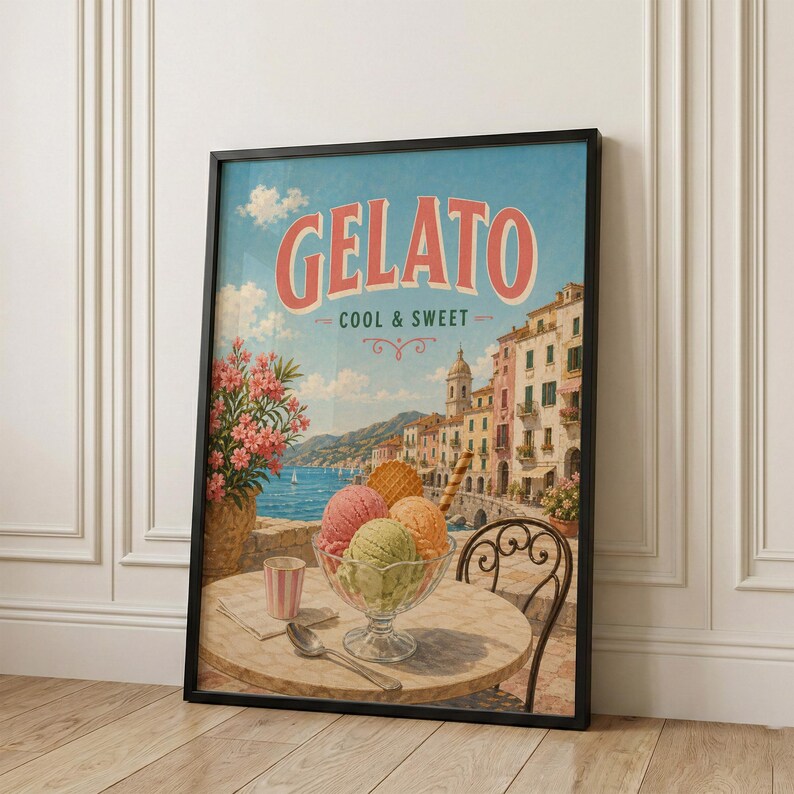 May include: Framed vintage-style poster with the word "Gelato" in large red letters. The image depicts a gelato sundae on a table overlooking a coastal town. The poster includes the text "Cool & Sweet".