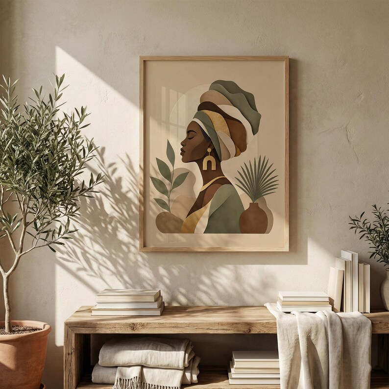 Black Woman Art Print - Afrocentric Decor, Neutral Boho Portrait Poster, Modern Feminine Living Room Wall Art image 9