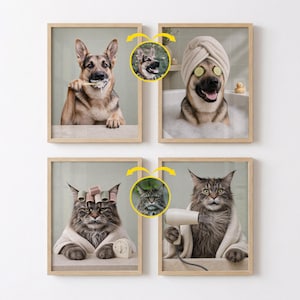 May include: A set of four framed wall art prints featuring animals in spa settings. One shows a German Shepherd brushing teeth, another a dog in a bubble bath with cucumber slices on eyes, a cat with hair rollers, and a cat using a hair dryer.
