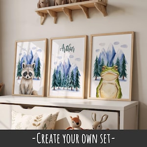 Woodland Nursery Wall Art Set of 3 – Watercolor Baby Animal Prints with Custom Name, Forest Nursery Decor, Personalized Baby Room Artwork