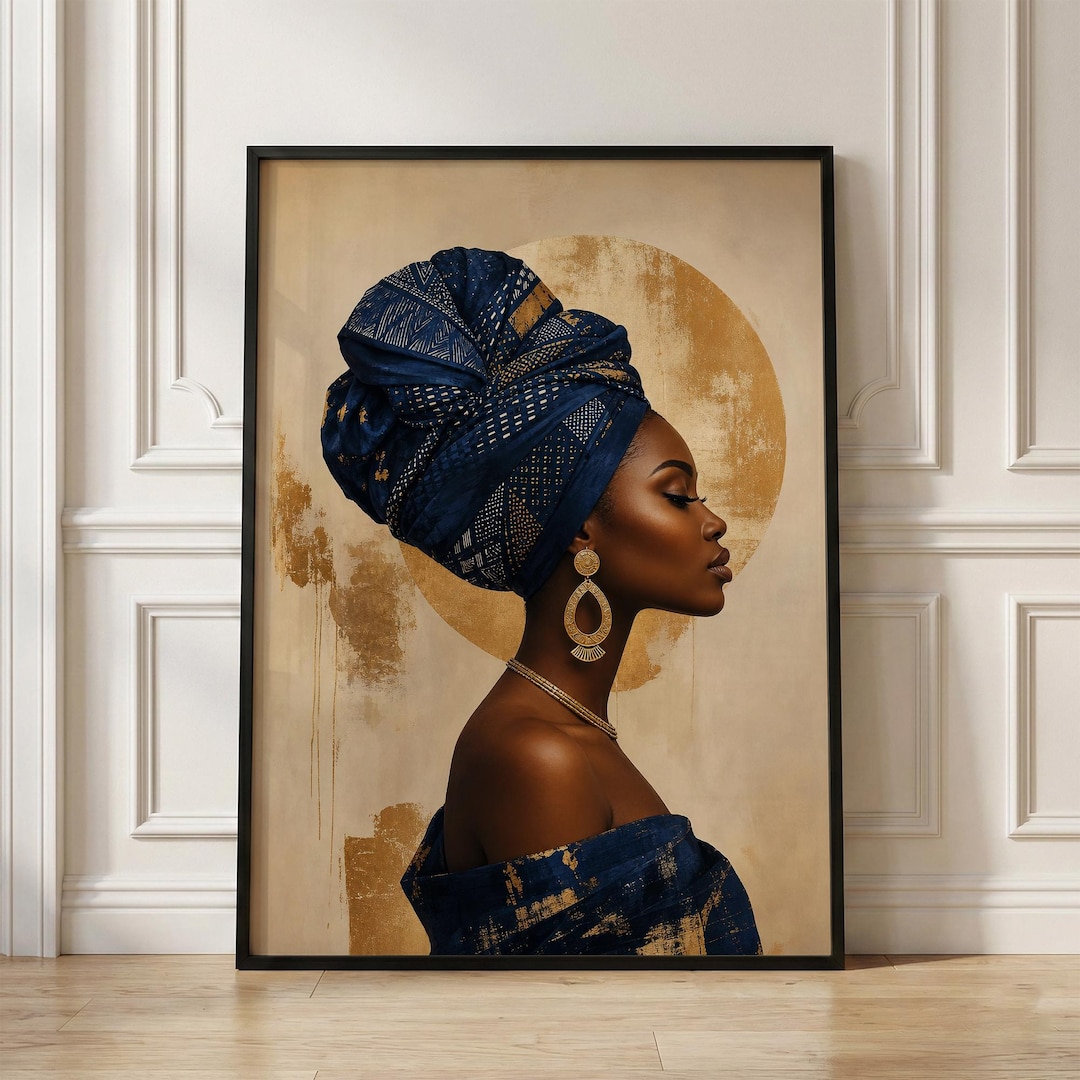 Afrocentric Black Woman Art Print, Gold Accent Modern Wall Art, African ...