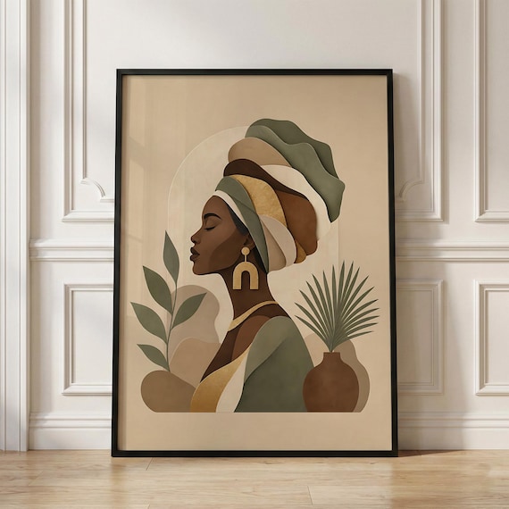 Black Woman Art Print - Afrocentric Decor, Neutral Boho Portrait Poster, Modern Feminine Living Room Wall Art