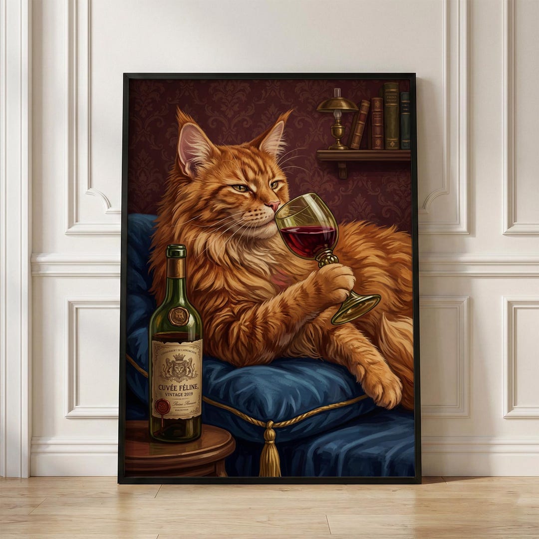 Cat With Wine Art Print, Funny Vintage Cat Poster, Retro Bar Cart Decor ...
