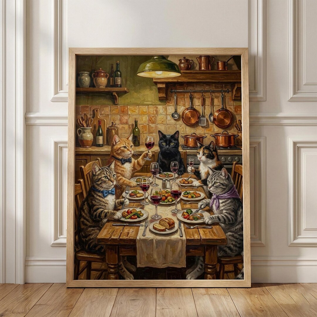 Cat Dinner Party Wall Art Print, Funny Kitchen Poster, Wine Cats Dining ...