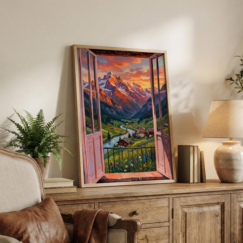 Alpine Window View Print: Colorful Mountain Sunset Landscape European ...