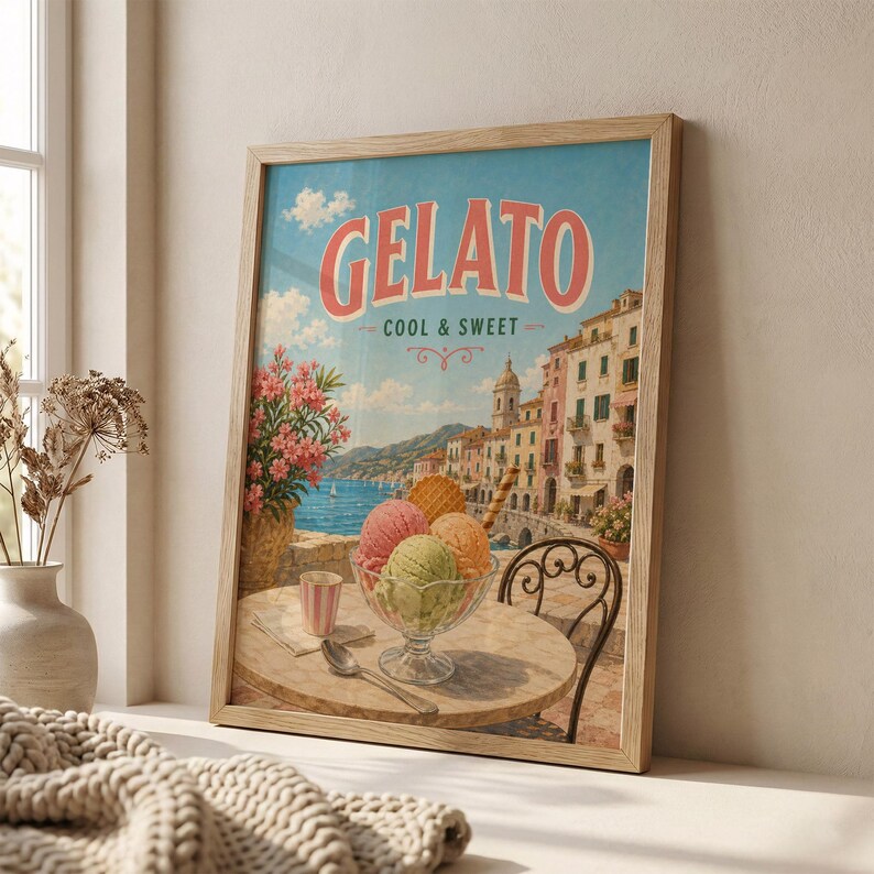 May include: Framed vintage-style poster with the word "Gelato" in coral lettering. The poster depicts a seaside scene with colorful buildings, a bowl of gelato, and the text "Cool & Sweet."