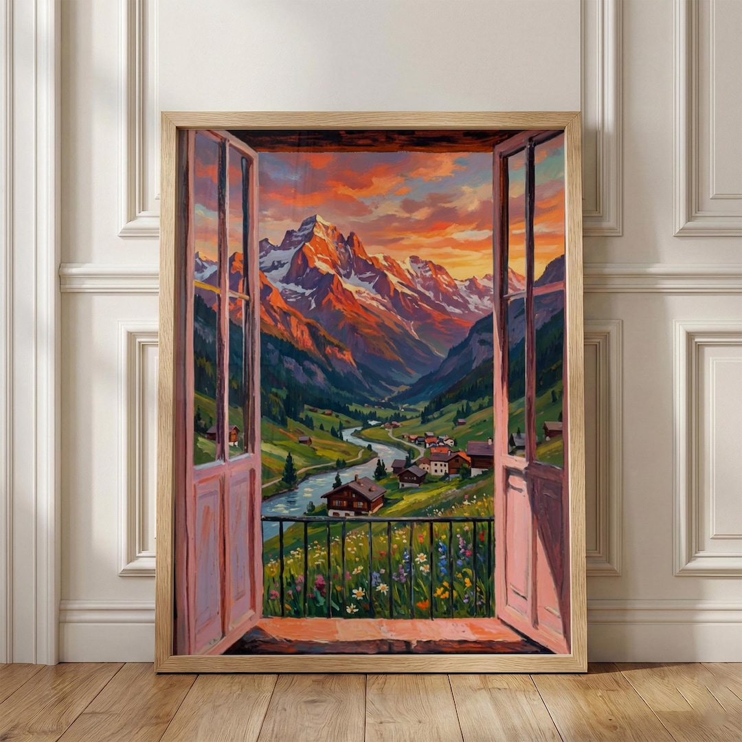 Alpine Window View Print: Colorful Mountain Sunset Landscape European ...