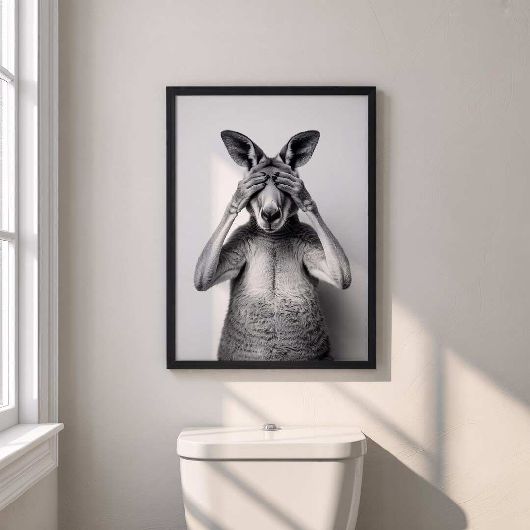 Funny Kangaroo Bathroom Wall Art - Black and White Animal Humor Print ...