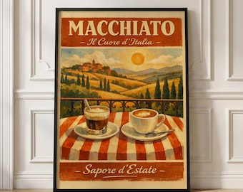 Italian Macchiato Art Print, Vintage Coffee Poster, Tuscany Kitchen Wall Decor and Cafe Art