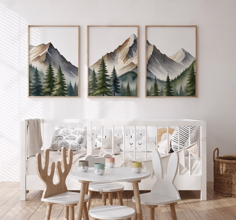 Mountain Nursery Wall Art Baby Nursery Decor - Set of 3 Watercolor Mountain Nursery Prints Forest Nursery Decor, Adventure Theme Nursery Art