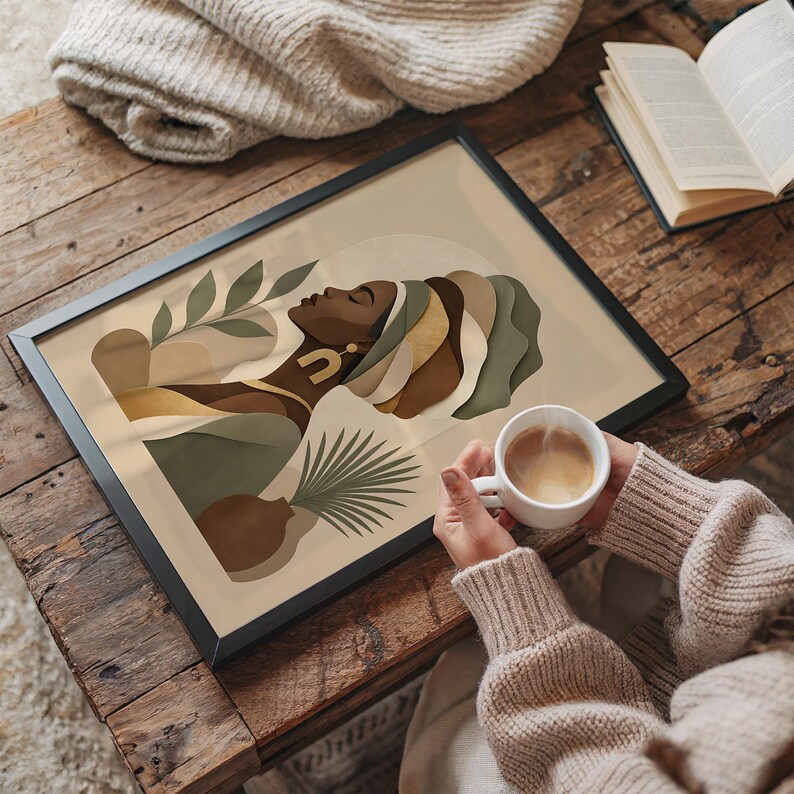 Black Woman Art Print - Afrocentric Decor, Neutral Boho Portrait Poster, Modern Feminine Living Room Wall Art image 8