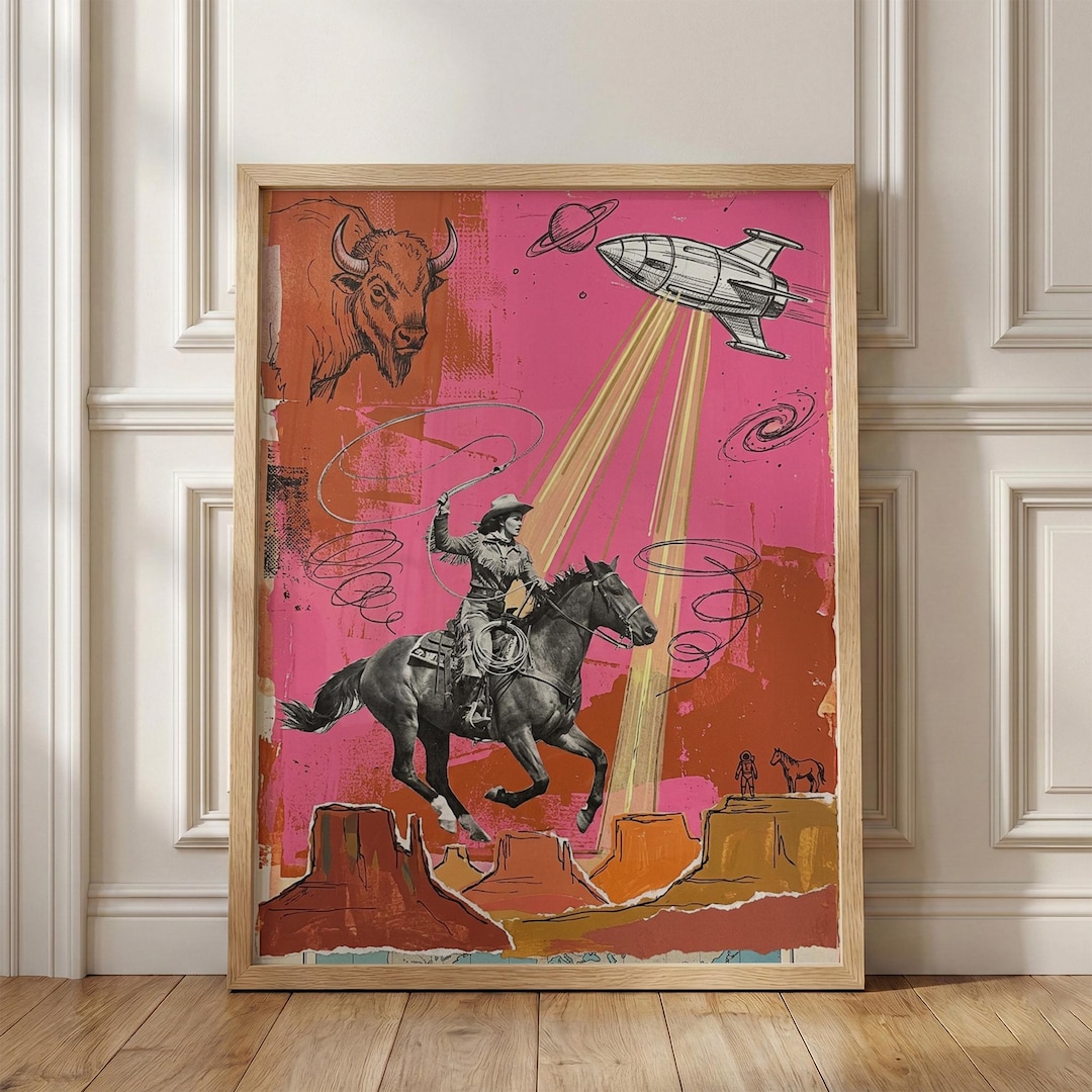 retro cowgirl art prints - set of 3 - digital download... Pink Cowgirl Wall Art, Surreal Western Pop Art Poster, Retro Space ...