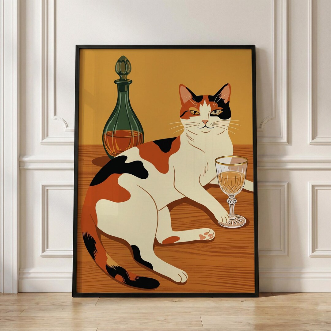 Calico Cat Wine Art Print, Retro Bar Cart Decor, Funny Dining Room Wall ...