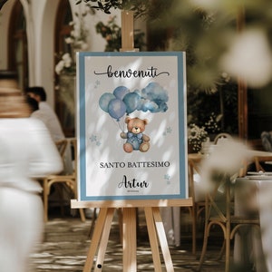 TABLEU DI BENVENUTO alla festa, battesimo, compleanno personalizzabile con grafica orsetto e palloncini azzurri per festa bimbo