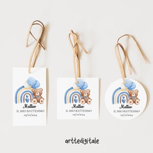 Set di 20 Tag Nascita, Battesimo, quadrato, rettangolare o cerchio, con orsetto e arcobaleno, palloncini  per festa, bomboniere bimbo