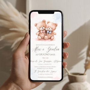 Invito digitale personalizzabile per gemelli, gemelline, maschio e femmina, con due orsetti, rosa e azzurro o blu, orso, orsetto con papion