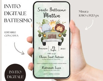 Invitación digital con temática del rey león, animales y verde para bautizos, cumpleaños y comuniones, personalizable con Canva.