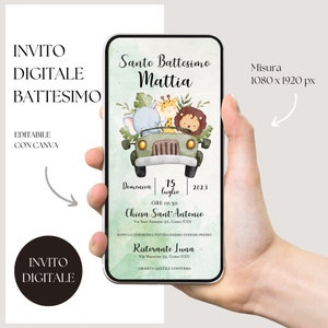 Invito digitale tema re leone, animali, verde per battesimo, personalizzabile con canva, compleanno, comunione