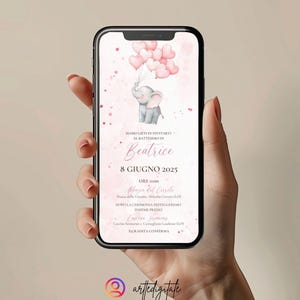 Invito digitale personalizzabile con elefantina rosa, nuvolette e palloncini, segnalibro, per festa, battesimo bimba e comunione
