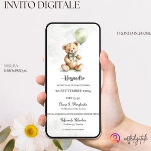 Invito digitale modificabile orsetto verde, festa compleanno, battesimo, personalizzabile, orsetto con palloncino