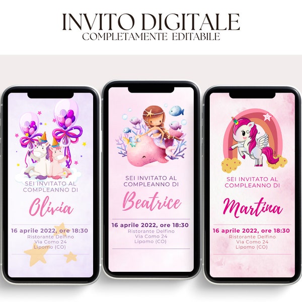 Invito digitale per compleanno personalizzabile, tema sirena, palloncini e unicorno, animaletti, invito birthday party