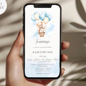 Invito digitale personalizzabile per la festa del tuo bambino, battesimo, comunione, partykit, orsetto azzurro con palloncini colorati cesta