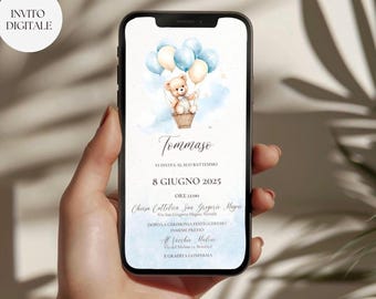 Customizable digital invitation for your child's party, baptism, communion, party kit, blue teddy bear with colorful balloons basket