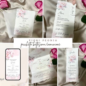 Coordinato battesimo/comunione con fiori peonia, invito con fiori, digitale, segnalibri con fiori sfilacciati a mano, cresima, festa bimba