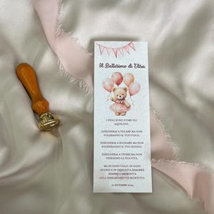 Segnalibro a tema orsetta rosa, battesimo, compleanno, festa bimba, orsetta con palloncini, segnaposto con cioccolatino