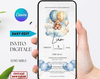 May include: A digital invitation for a baby boy's baptism. The invitation features a watercolor illustration of a teddy bear holding a balloon, with a blue and yellow color scheme. The text on the invitation reads "Siete invitati al battesimo di Liam Sabato 5 Ottobre 2024 Ore 18:00 Chiesa del Suffragio Piazza Cavour, Nereto Dopo la cerimonia saremo lieti di avervi ospiti presso il Chalet Ristorante Kira Langomare Italia, Martinsicuro Prima della messa vi aspettiamo a casa nostra per un piccolo rinfresco Gradita gentile conferma".