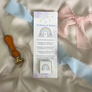 Lesezeichen zum Thema Baby Mädchen, Taufe, Geburtstag, Babyparty Mädchen, Regenbogen, Platzhalter mit Schokolade, farbige Sterne