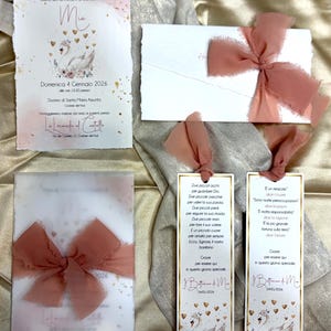 Christening set, invitation with envelope, bookmarks, favor labels, godmother invitation, baby girl's party, pink, with swan