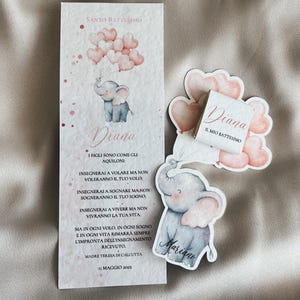 Segnalibro / Segnaposto personalizzabile elefantina rosa e palloncini, rosa, battesimo, comunione, cresima, modificabile, tema elefante