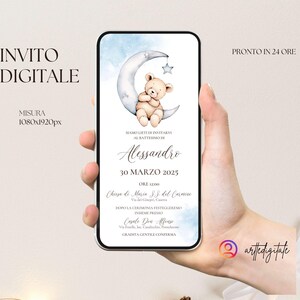 Invito digitale personalizzato per la festa del tuo bambino, battesimo, party kit, orsetto sulla luna, stella cadente, prima nascita