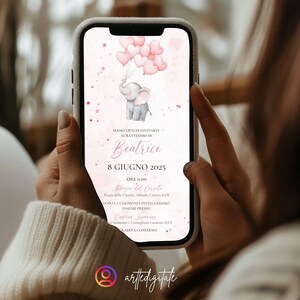 Invito digitale personalizzabile per la festa della bambina, battesimo, comunione, partykit, elefantina rosa con palloncini a cuore