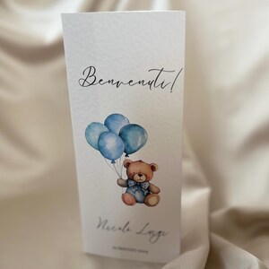 Menú per battesimo, carta martellata bimbo, con orsetto, palloncini e nuvole