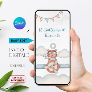 VIDEO INVITO digitale con orsetto volante, aviatore battesimo bimbo, personalizzabile, coordinato