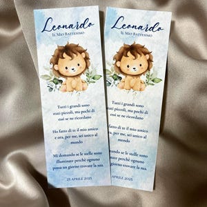 Segnalibro / Segnaposto personalizzabile con leoncino, animali savana, machina, giungla azzurra, battesimo bimbo, modificabile