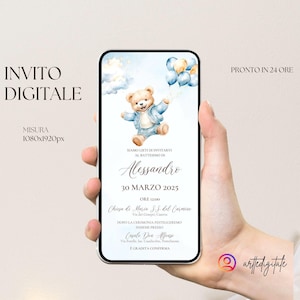 Invito digitale personalizzato per la festa del tuo bambino, battesimo, party kit, orsetto volante azzurro con palloncini, nuvole
