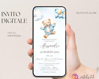 May include: A digital invitation displayed on a smartphone screen. The invitation features a watercolor illustration of a teddy bear holding balloons, with text announcing a baptism. The text includes the name "Alessandro" and the date "30 MARZO 2025".