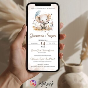 Invito digitale personalizzabile per bambino, battesimo, comunione, partykit, elefantino con fiori, palloncini a cuore, elefantino beige