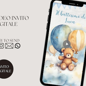 VIDEO INVITO battesimo digitale bimbo con orsacchiotto e palloncini blu, invito compleanno, cresima o prima comunione personalizzabile