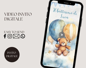 VIDEO INVITATION digital baby baptism with teddy bear and blue balloons, customizable birthday, confirmation or first communion invitation