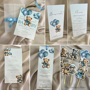 Allestimento/coordinato battesimo, tema orsetto azzurro per bimbo, party kit, segnalibri, participazione per comunione, cresima e compleanno