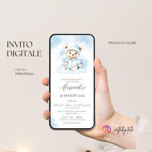 Invito digitale personalizzato per la festa del tuo bambino, battesimo, party kit, orsetto volante azzurro con palloncini, orso in pigiama