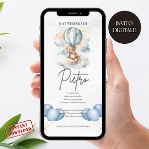 Invito battesimo digitale bimbo con orsacchiotto e palloncini blu, invito compleanno, cresima o prima comunione personalizzabile
