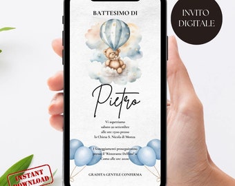 Digital baby baptism invitation with teddy bear and blue balloons, customizable birthday, confirmation, or first communion invitation.