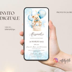 Invito digitale personalizzabile per la festa del tuo bambino, battesimo, comunione, party kit, orsetto azzurro con palloncini e cesta