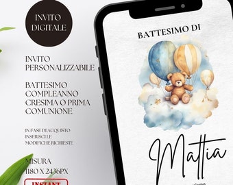 Invito battesimo digitale bimbo con orsacchiotto e palloncini blu, invito compleanno, cresima o prima comunione personalizzabile