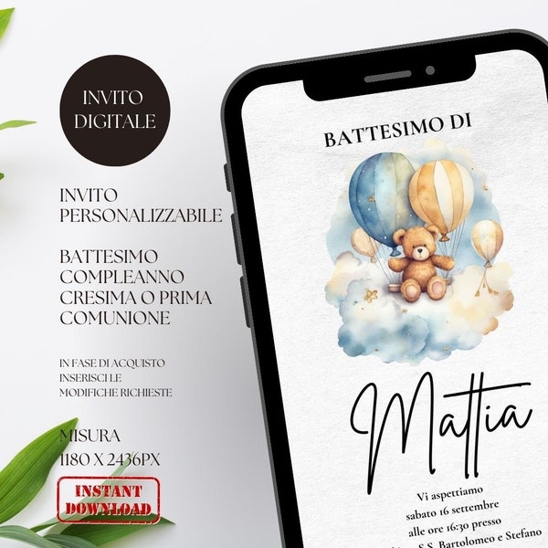 Invito battesimo digitale bimbo con orsacchiotto e palloncini blu, invito compleanno, cresima o prima comunione personalizzabile